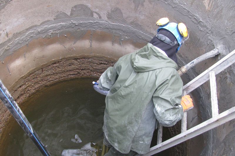 Обслуживание колодца: работник в каске на лестнице в шахте
